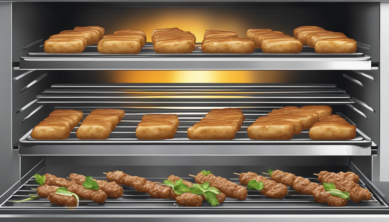 A lamb souvlaki skewer placed on a baking tray inside a preheated oven