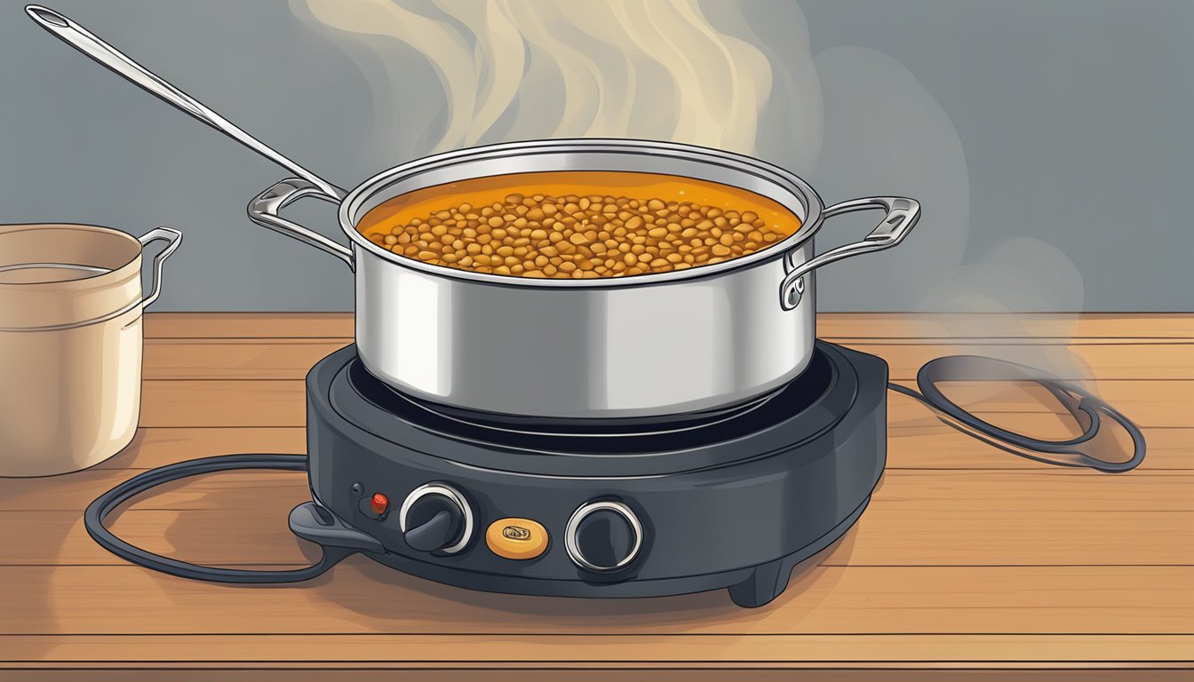 A pot of lentil soup being heated on a stovetop