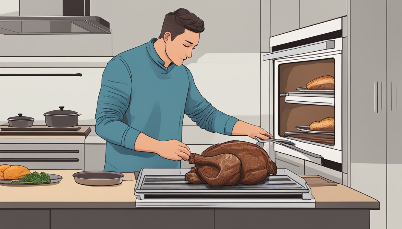 A person using an oven to reheat a lamb leg roast on a baking tray