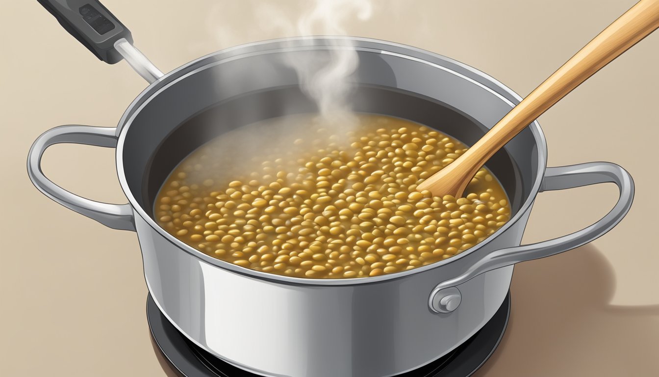 A pot of lentil soup being reheated on a stovetop, steam rising from the bubbling liquid as a wooden spoon stirs the contents