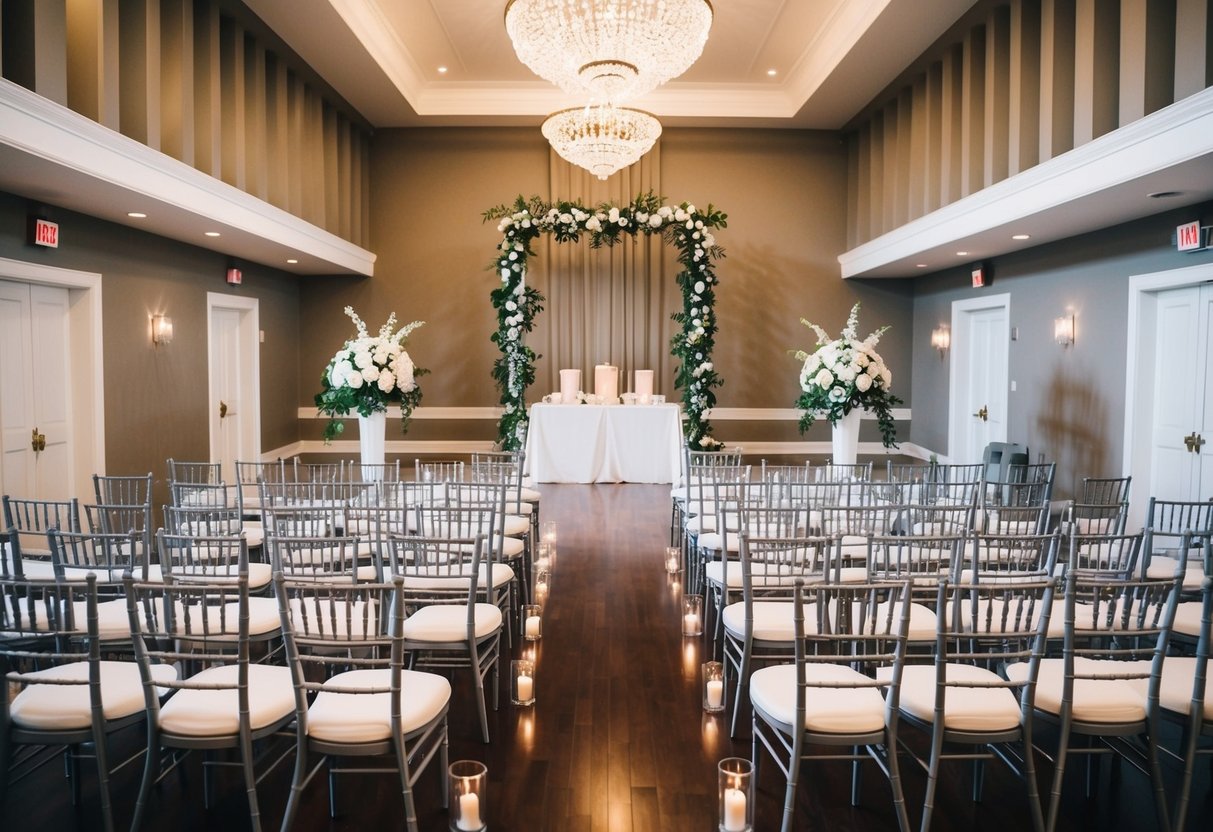 A wedding venue with rows of empty chairs and a beautifully decorated altar