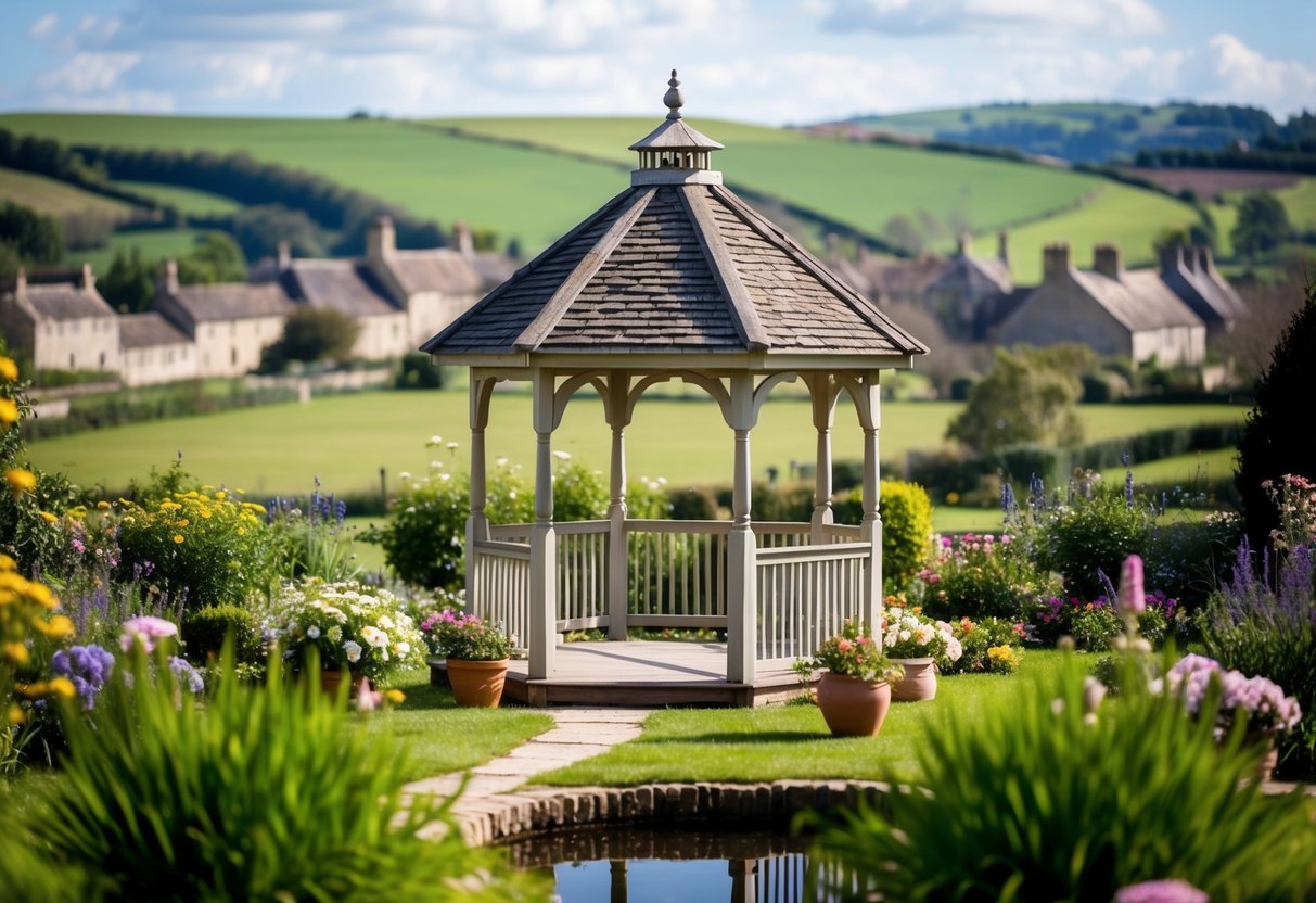 A cozy English garden with a charming gazebo, surrounded by blooming flowers and a small pond, set against a backdrop of rolling hills and a quaint countryside village