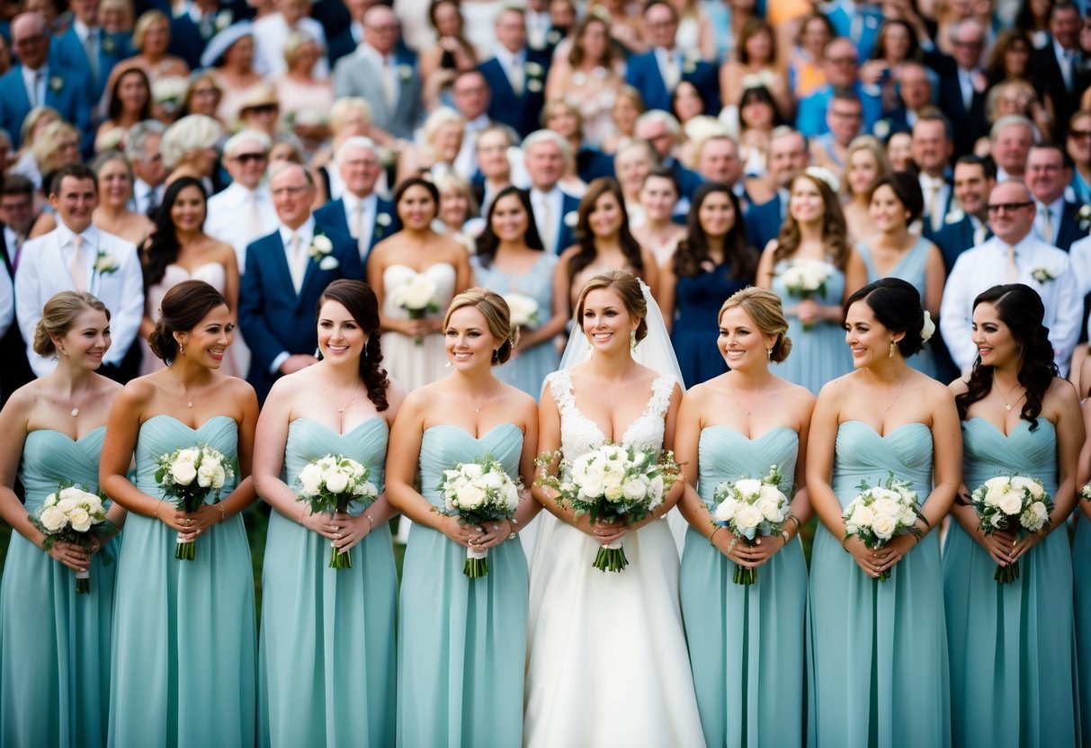A group of 10 bridesmaids standing in a line, holding bouquets, in front of a large crowd of 200 wedding guests