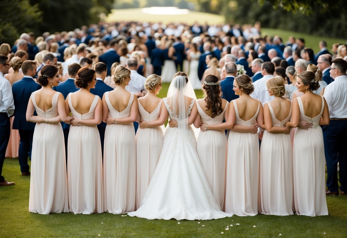 A group of bridesmaids standing in a line, with the bride in the center, surrounded by 200 wedding guests
