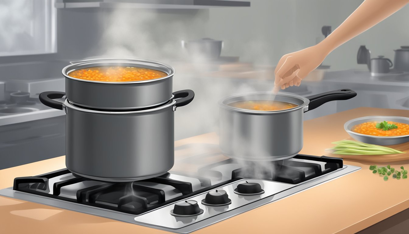 A pot of lentil soup being reheated on a stovetop, with a lid partially covering the pot and steam rising from the surface