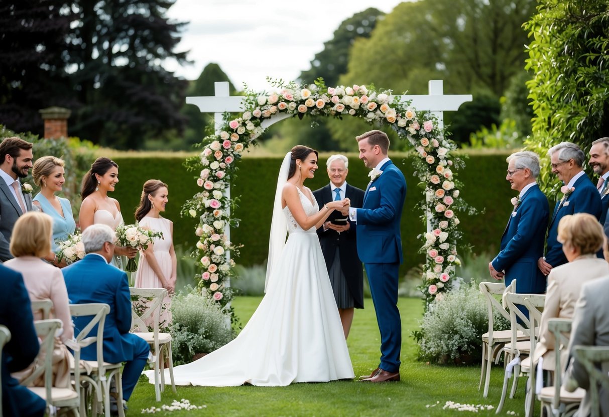 A bride and groom standing under a floral arch in a quaint English garden, surrounded by close family and friends, exchanging rings and vows