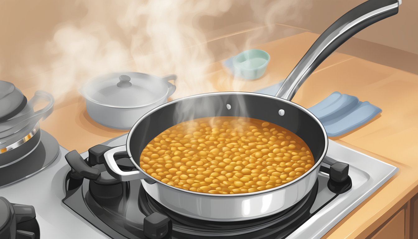 A pot of lentil soup being reheated on a stovetop, steam rising from the bubbling liquid