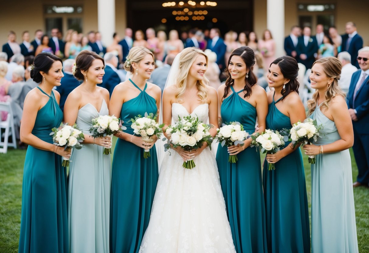 A bride carefully selects a group of close friends, each holding a bouquet, in front of a large wedding venue with 200 guests