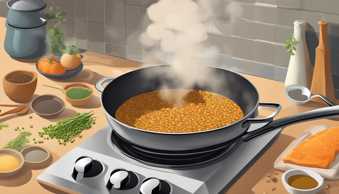 A pot of lentil soup sits on a stovetop, steam rising as it reheats. Various lentils, spices, and cooking utensils are scattered on the kitchen counter