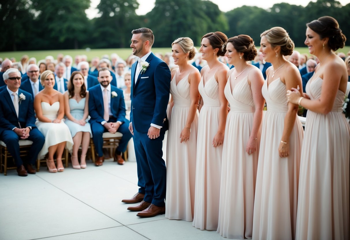 A line of bridesmaids stand next to the groom's side, with 200 guests seated in the background
