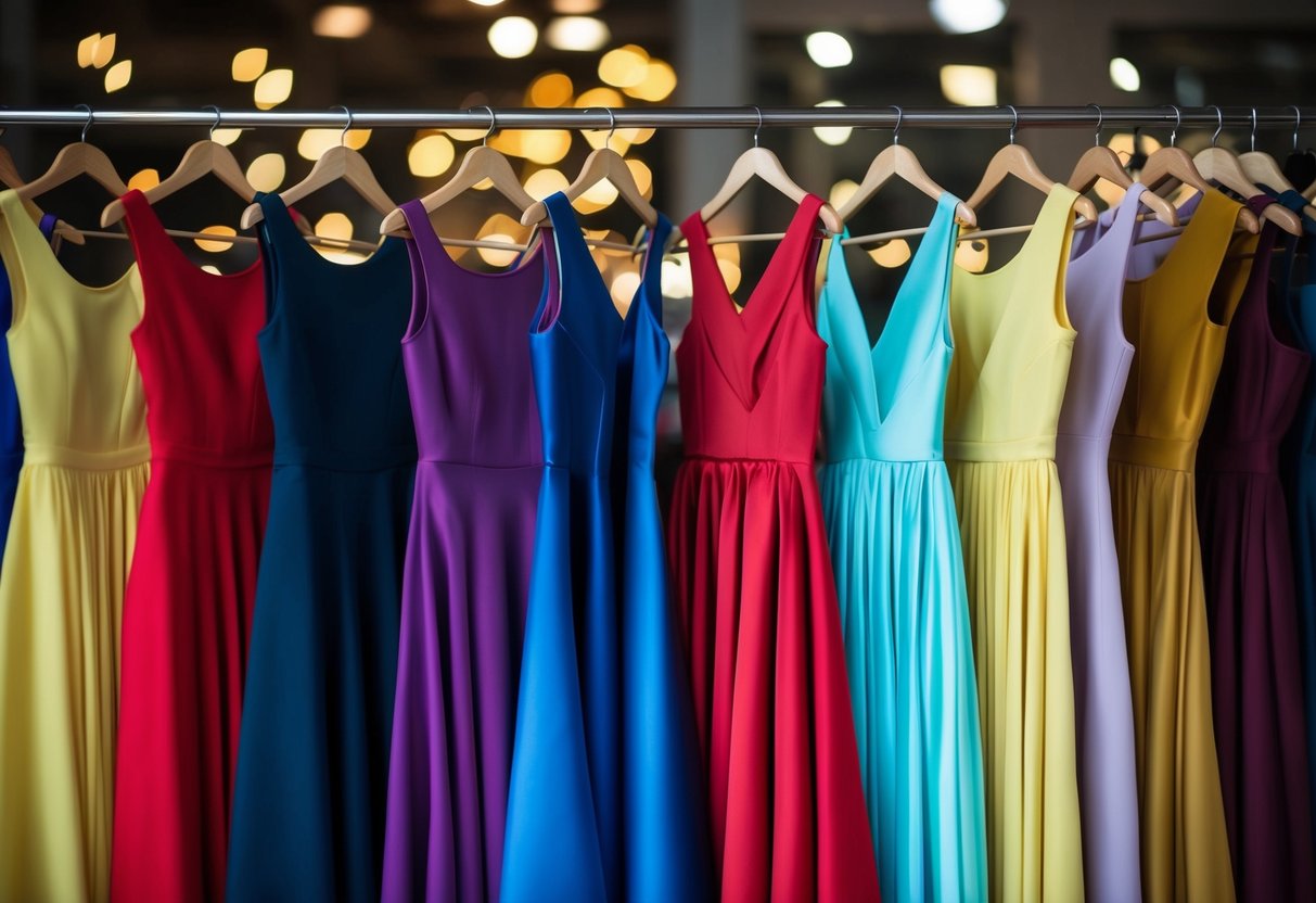 A group of colorful dresses lined up, each with a different style and length
