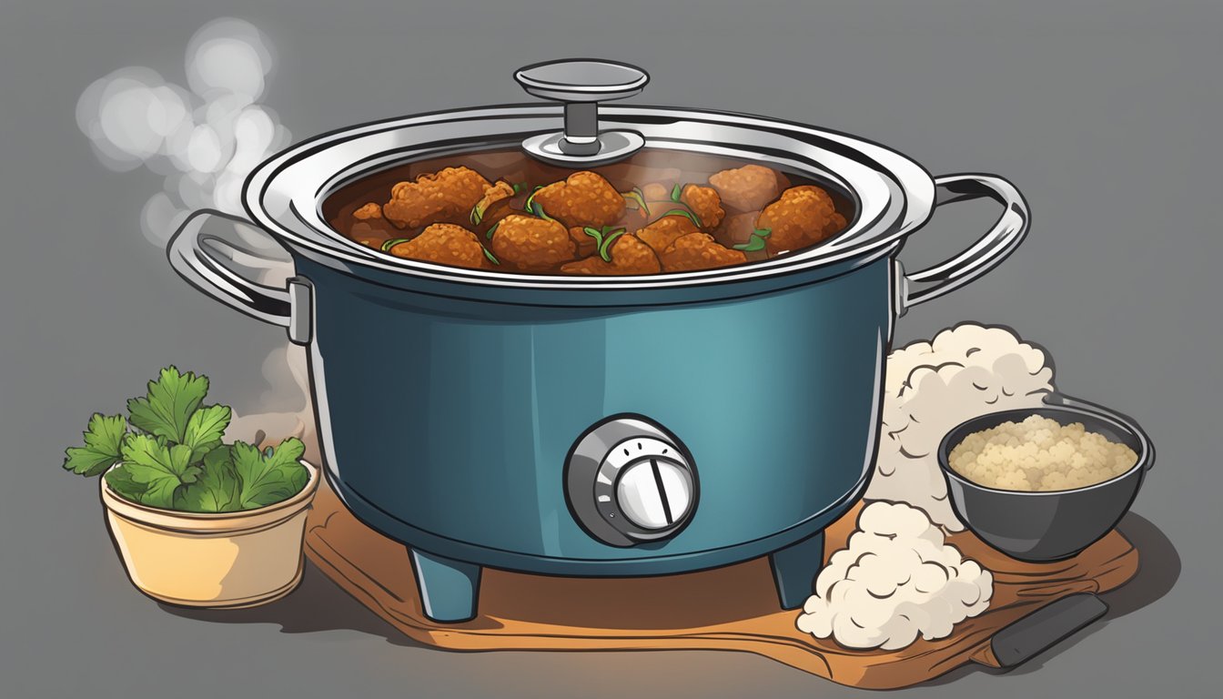 A pot of lamb vindaloo simmering on a stovetop, steam rising, with a lid partially covering the pot