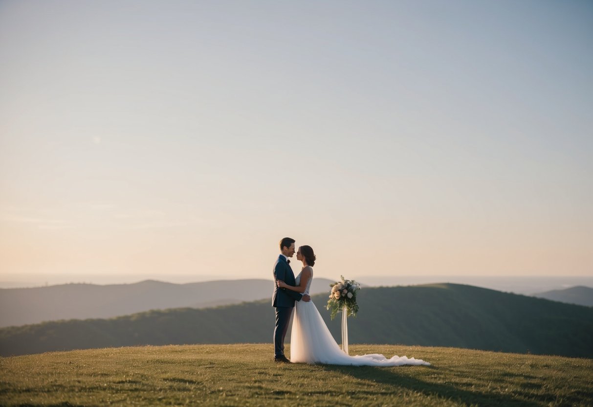 A couple standing alone on a quiet, sunlit hilltop with a small, intimate ceremony set up for two