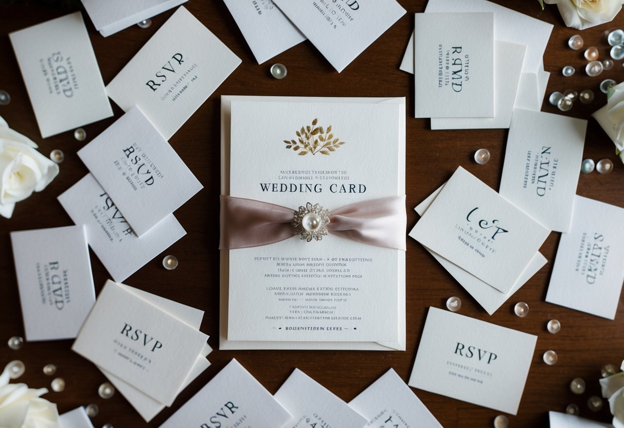 A wedding invitation surrounded by scattered RSVP cards
