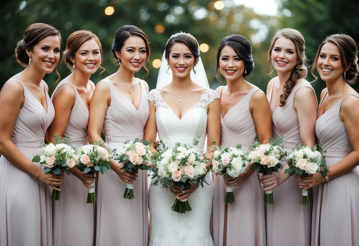 A group of five bridesmaids standing together in matching dresses, holding bouquets, and smiling for a photo