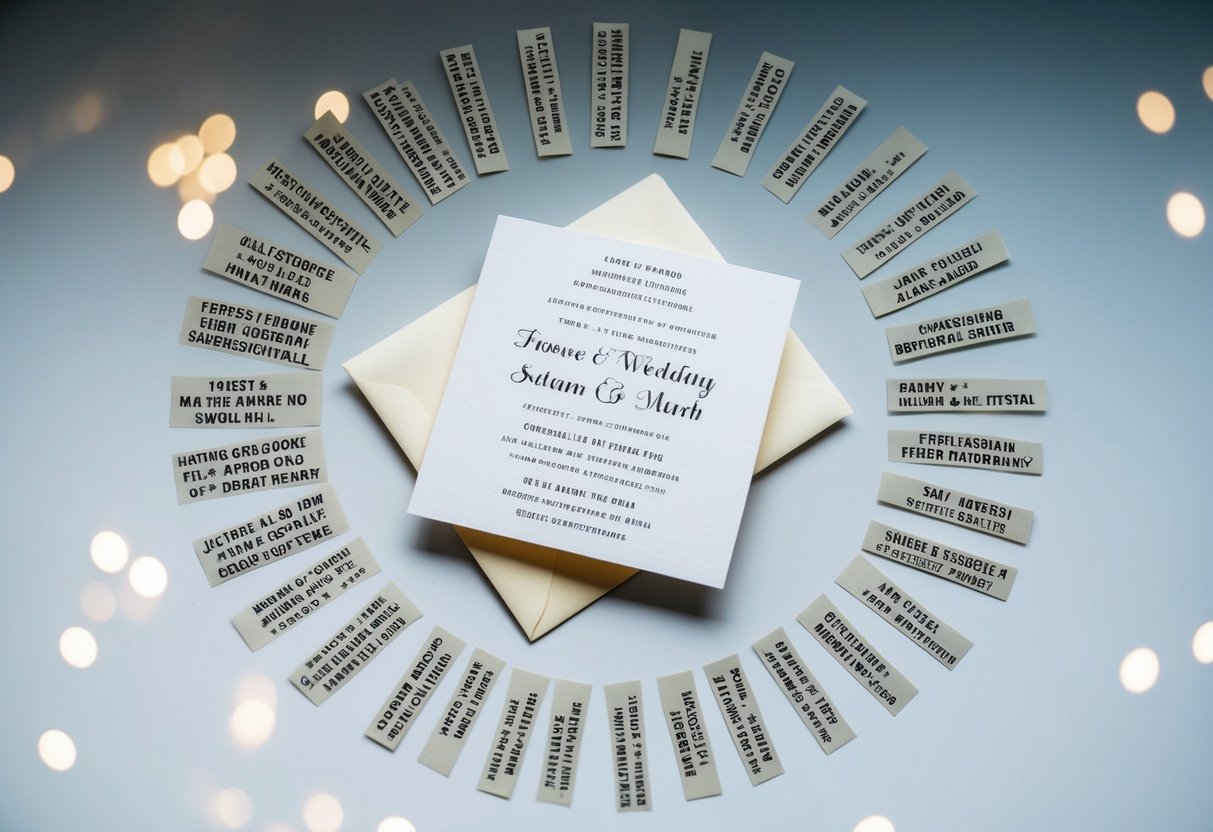A wedding invitation surrounded by a circle of crossed-out names, indicating guests who are unable to attend