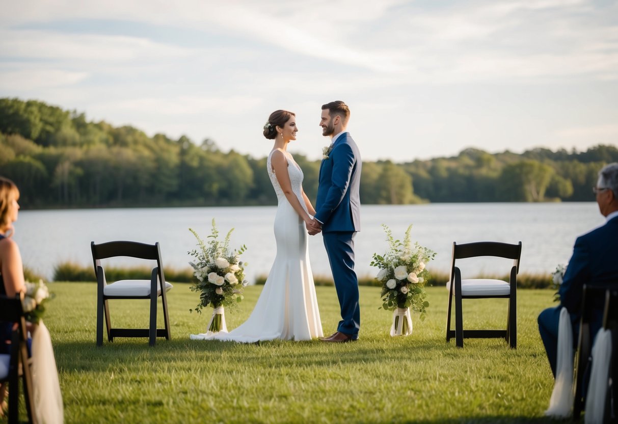 A couple standing alone in a scenic outdoor setting, with a small, intimate ceremony set up for two