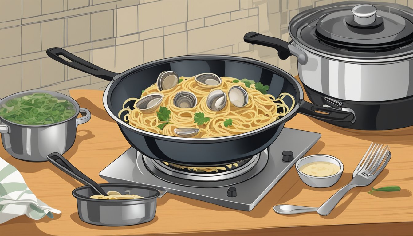 A steaming bowl of linguine with clam sauce sits on a stovetop, surrounded by pots and pans. A pair of tongs rests nearby