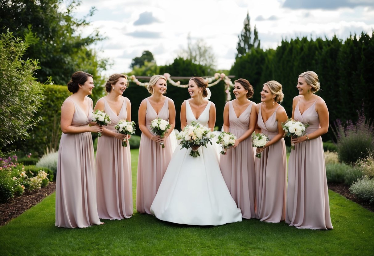 A group of six bridesmaids gathered in a garden, laughing and chatting as they help decorate for the pre-wedding events and closing celebrations