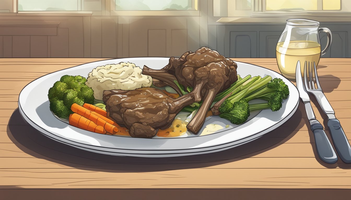 A plate with a reheated lamb shank, surrounded by steamed vegetables and a side of mashed potatoes