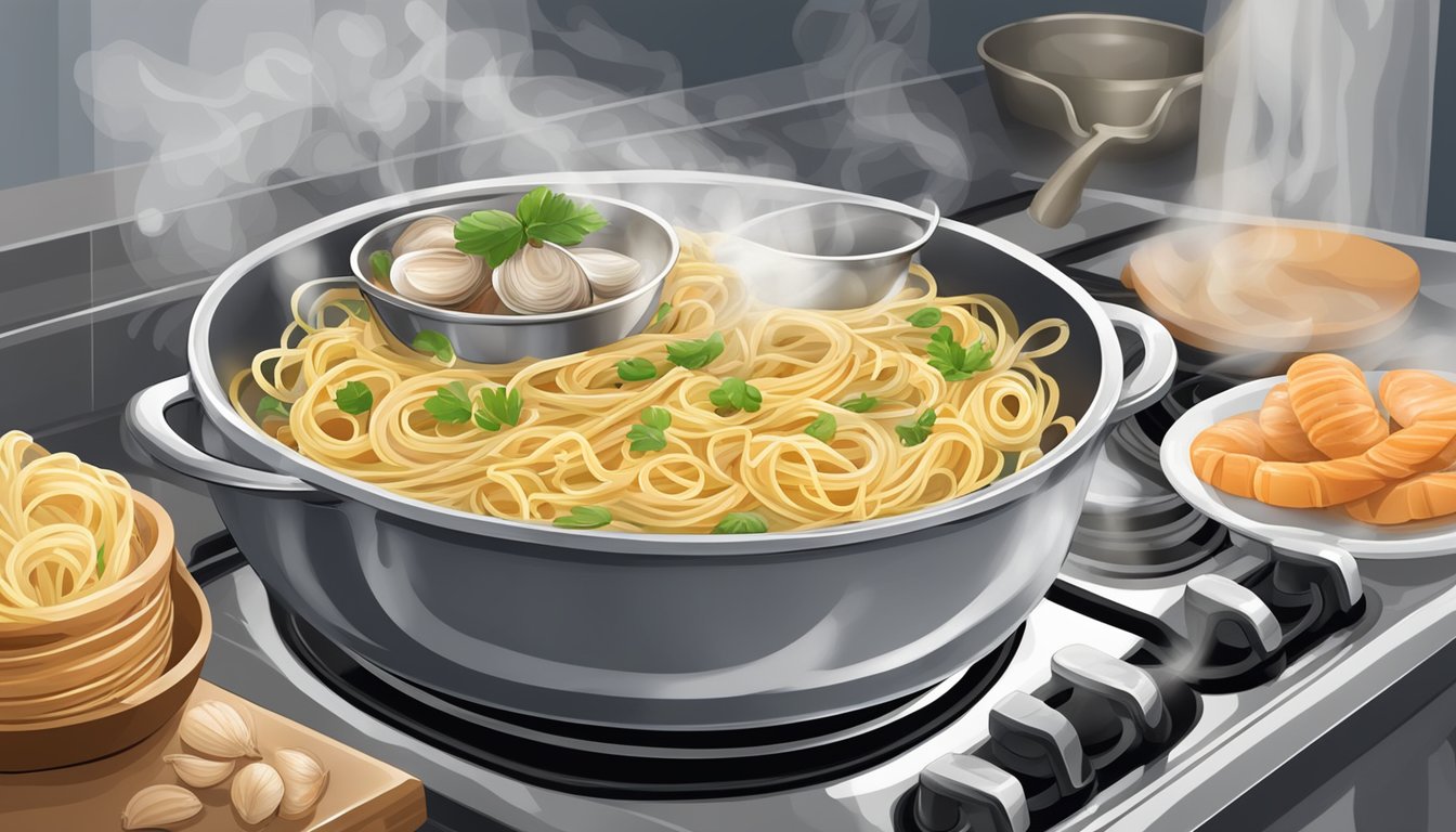 A steaming bowl of linguine with clam sauce being gently reheated on a stovetop, the aroma of garlic and seafood filling the kitchen