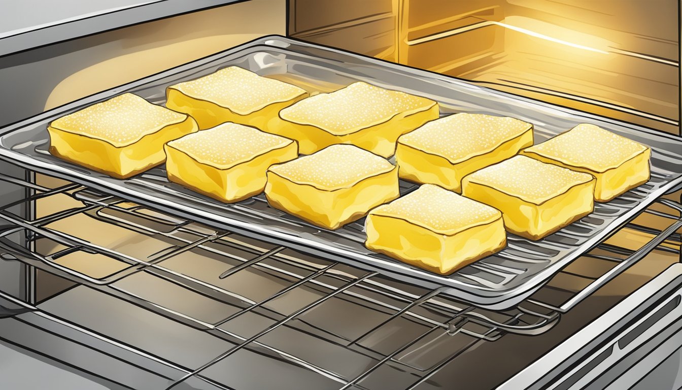 A plate of lemon bars being reheated in the oven