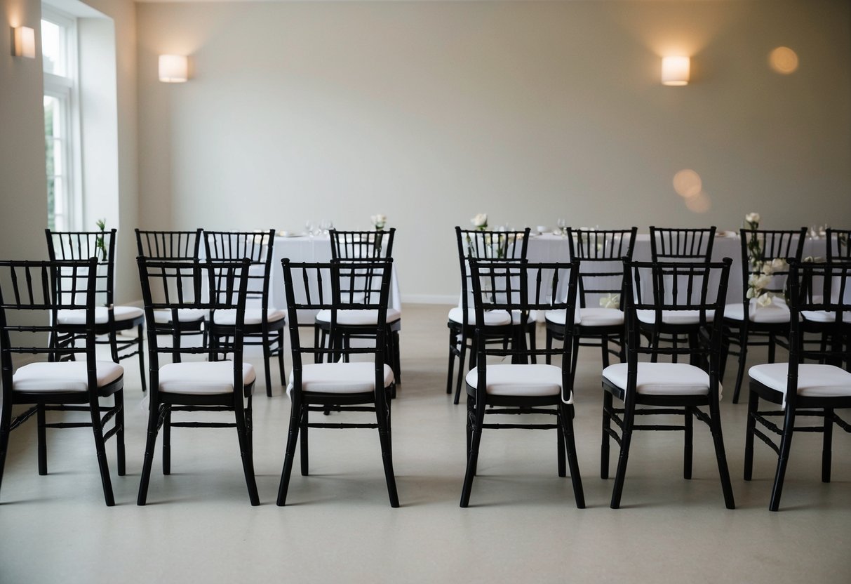 A small wedding with empty chairs and a sparse, unadorned venue. The lack of guests and decorations creates a sense of emptiness and simplicity