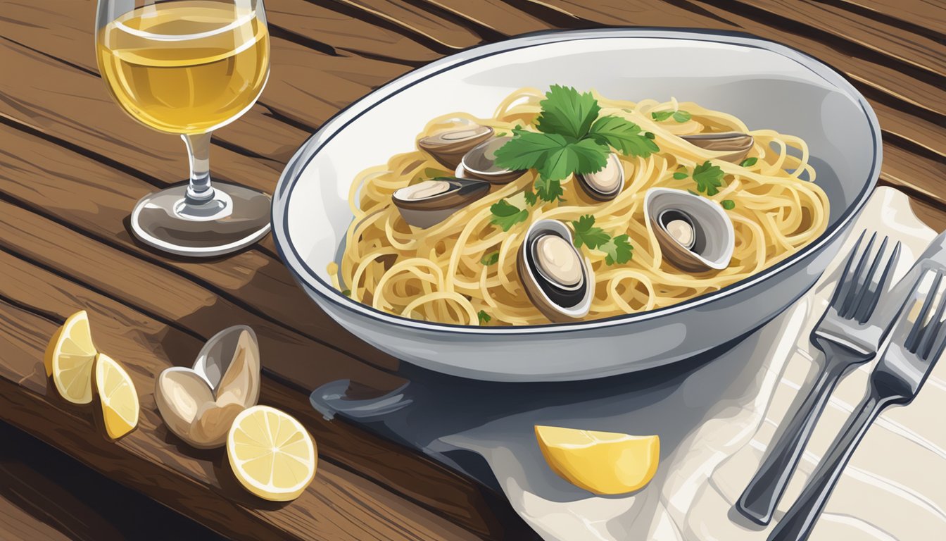 A steaming bowl of linguine with clam sauce sits next to a glass of white wine on a rustic wooden table