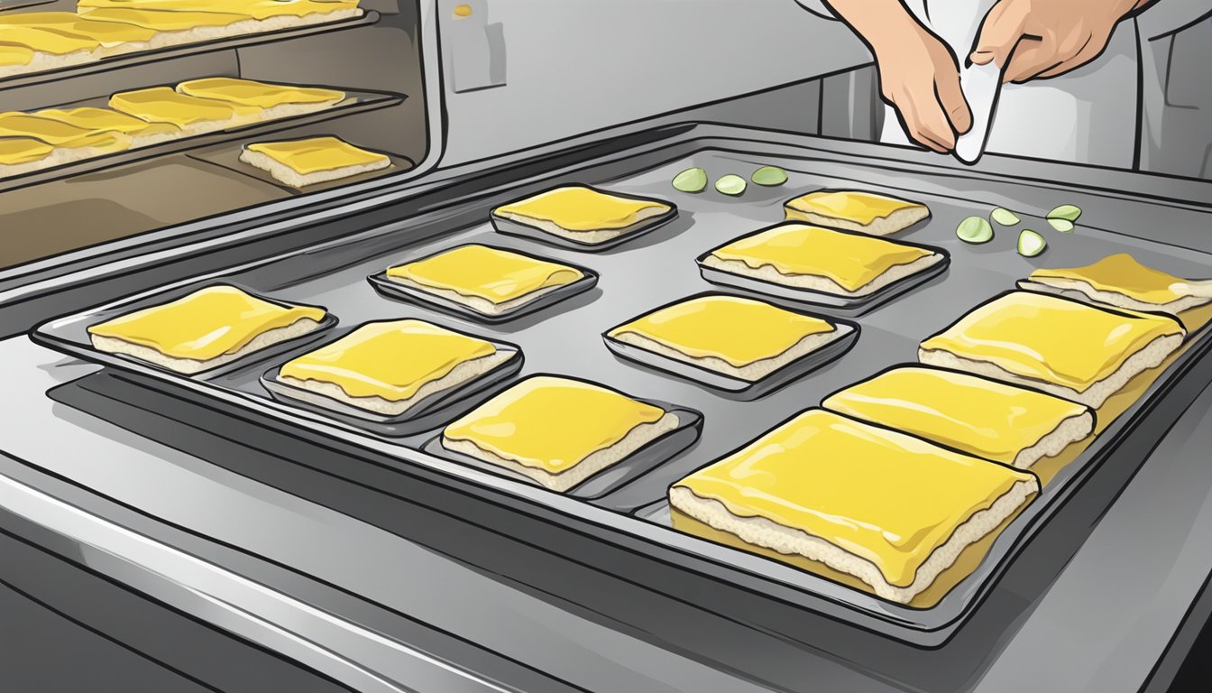 A plate of lemon bars being placed in a preheated oven on a baking sheet