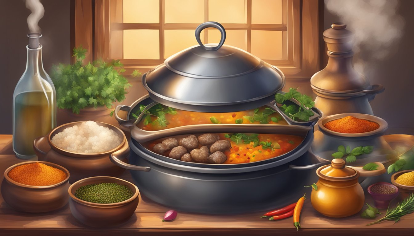 A rustic kitchen with a steaming pot of lamb tagine on a stove, surrounded by colorful spices and herbs