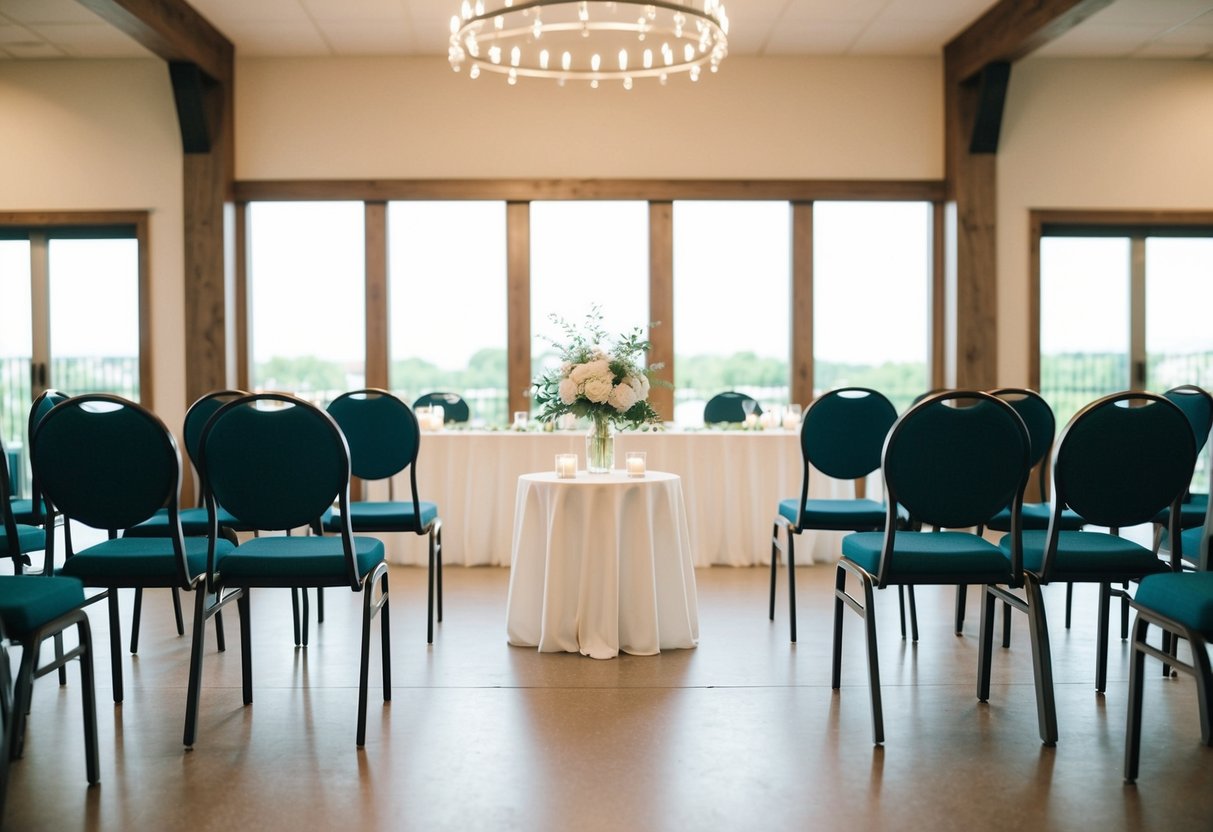 A small wedding with empty chairs and a sparse reception area