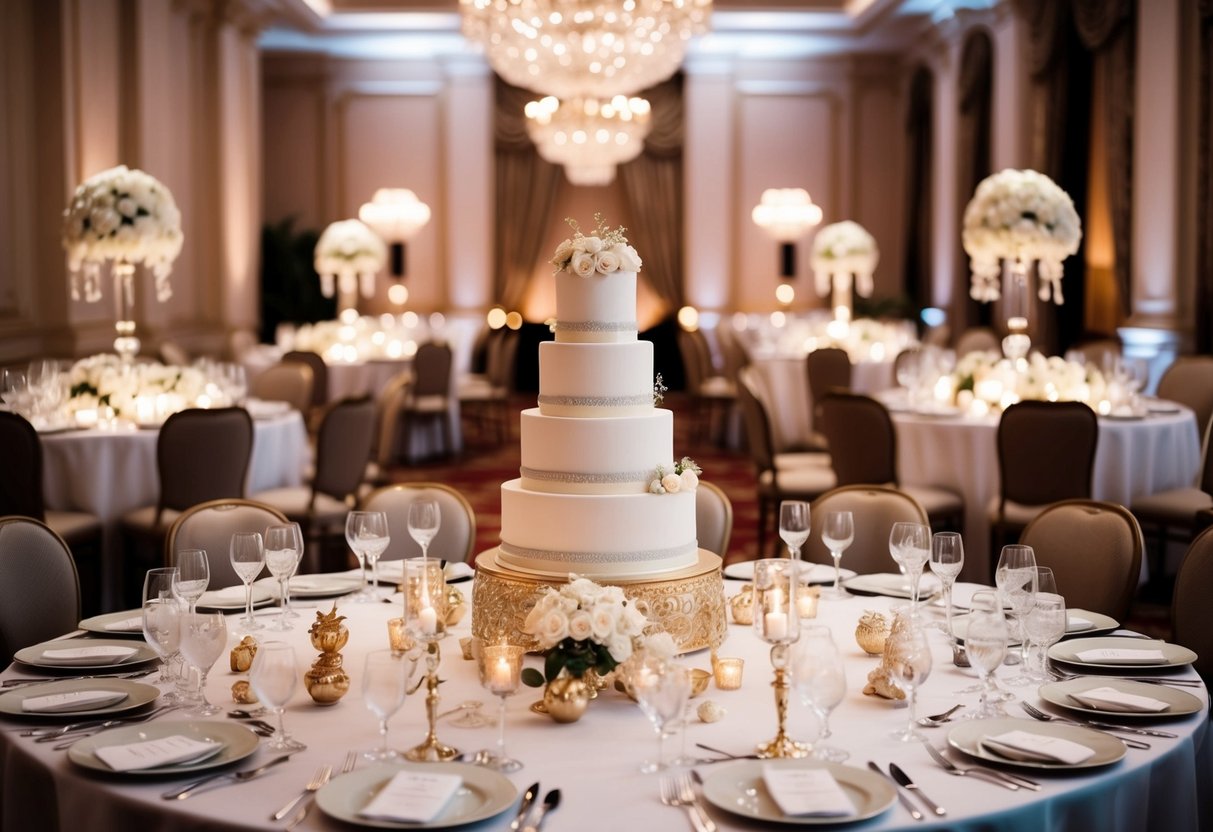 A lavish wedding banquet with elegant decorations and a grand cake centerpiece