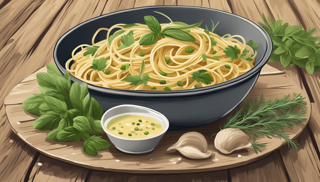 A steaming bowl of linguine with clam sauce sits on a rustic wooden table, surrounded by fresh herbs and a drizzle of olive oil