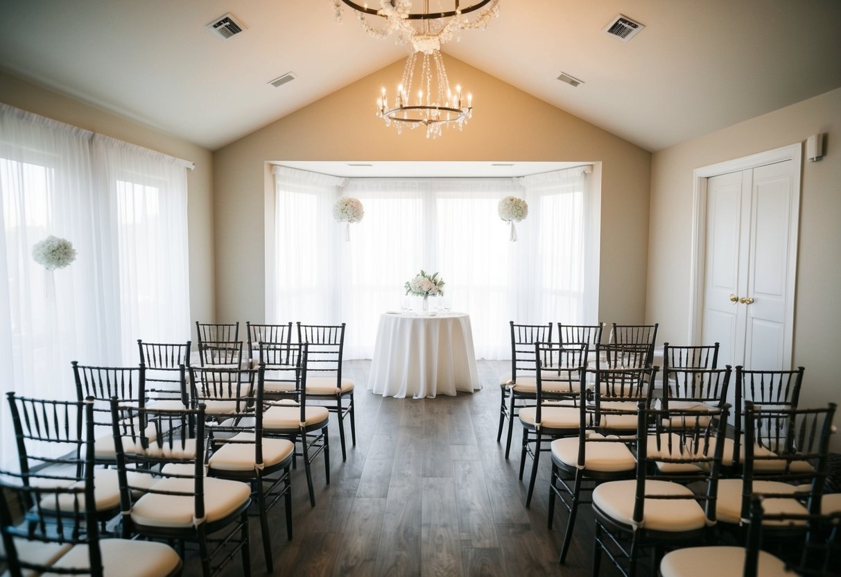 A small wedding venue with limited space and seating. Decorations and entertainment options are limited due to the smaller guest list