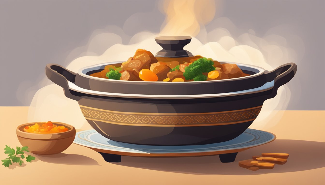 A ceramic dish of lamb tagine sits in a preheated oven, steam rising from the rich, aromatic stew. The warm glow of the oven bathes the dish in a cozy light