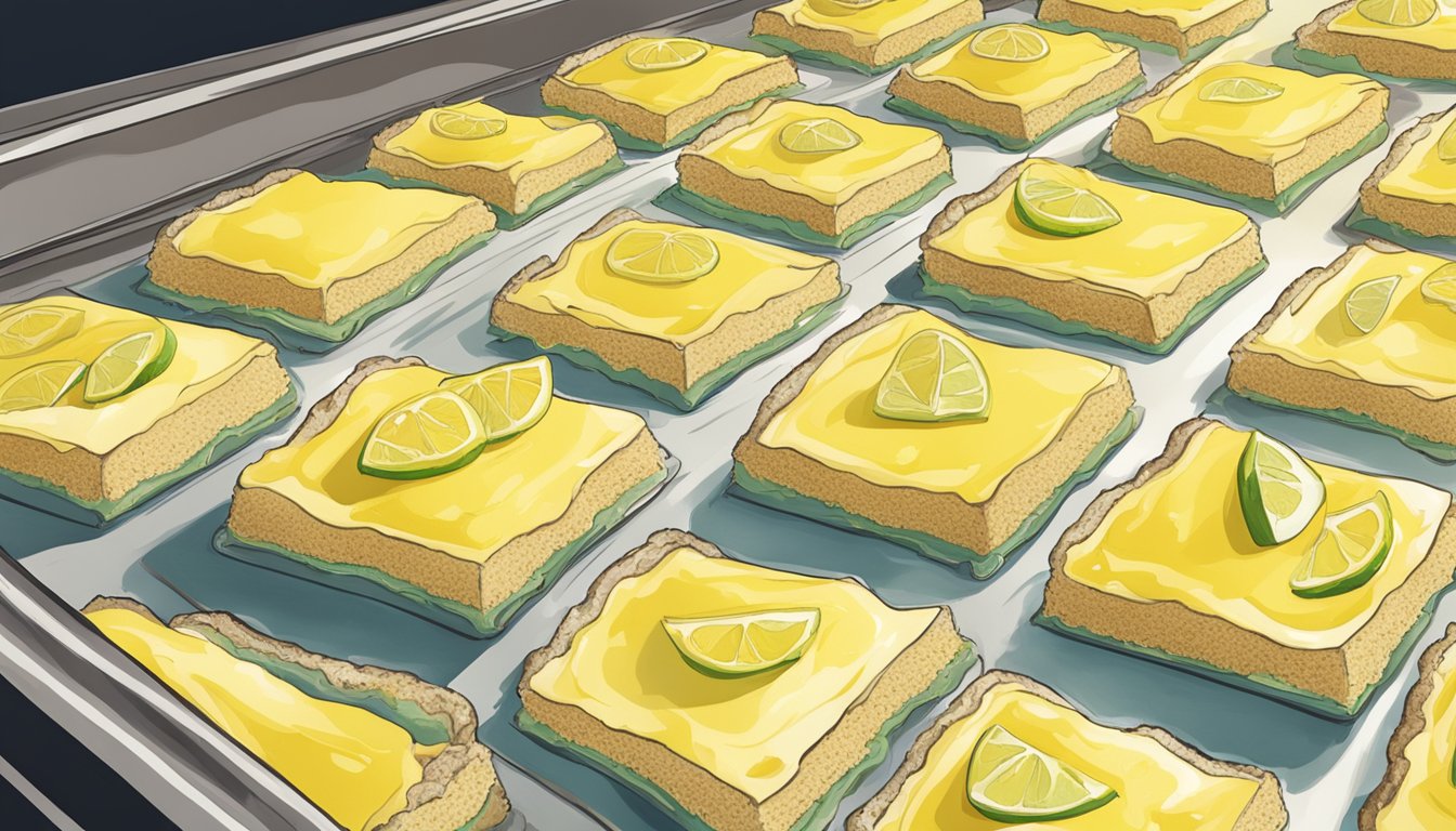 Lemon bars on a baking sheet in an oven, being reheated