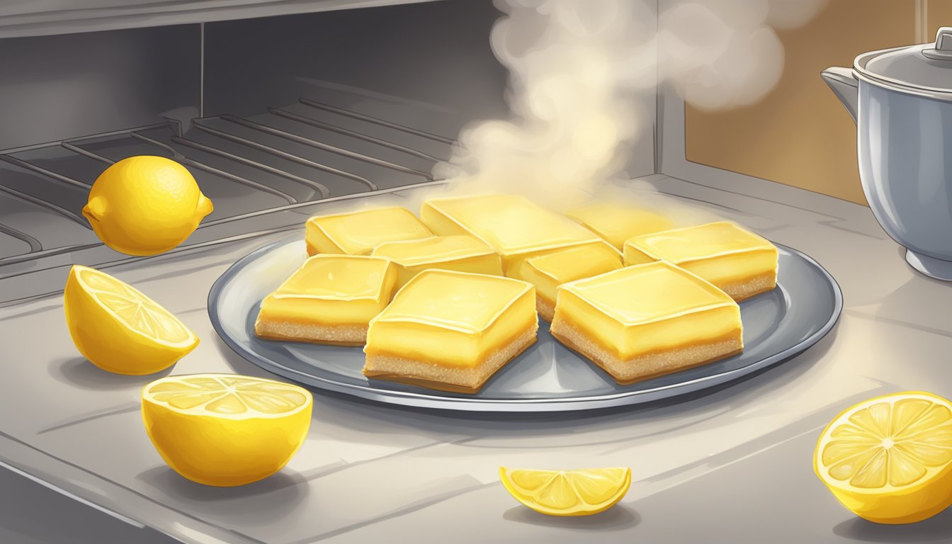 A plate of lemon bars being reheated in the oven, with steam rising from the warm, golden crust and the tangy lemon filling