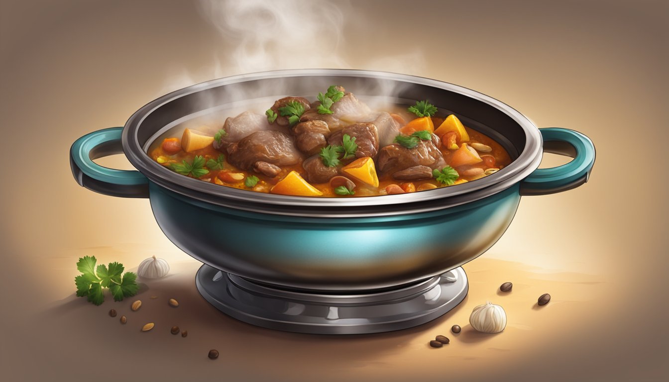 A steaming lamb tagine being gently reheated over a low flame, with the rich aromas of spices and tender meat wafting through the kitchen