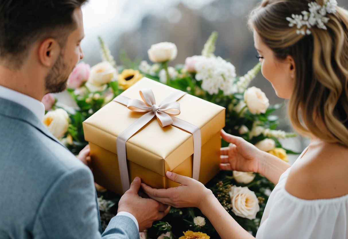 A couple receiving a wrapped gift box with a ribbon and bow, surrounded by flowers and decorative elements