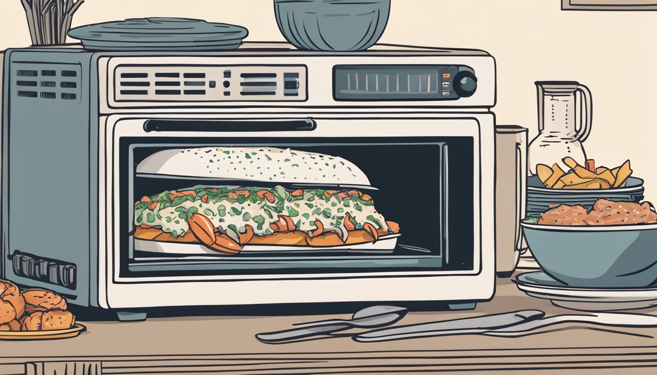 A lobster roll sitting on a plate, surrounded by a microwave and a toaster oven, with a person holding a fork and knife, contemplating the best way to reheat it