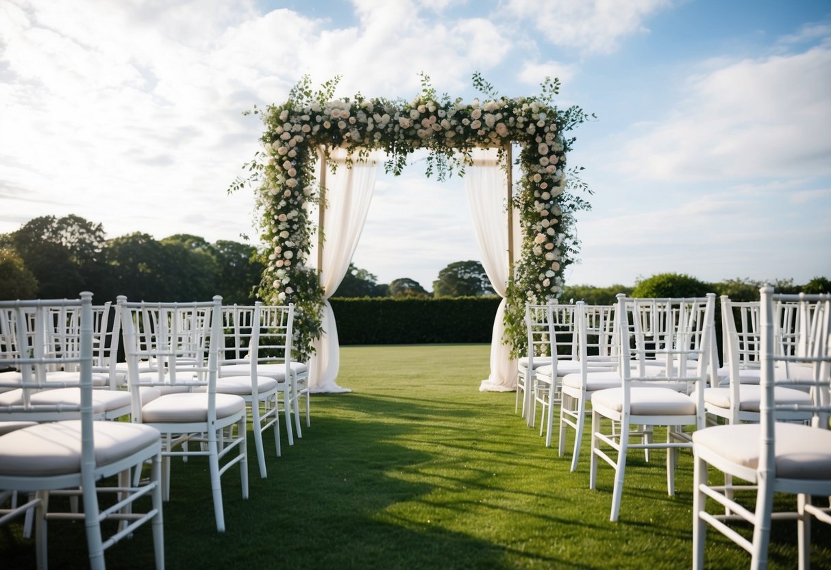 A grand outdoor wedding with rows of chairs and a floral arch