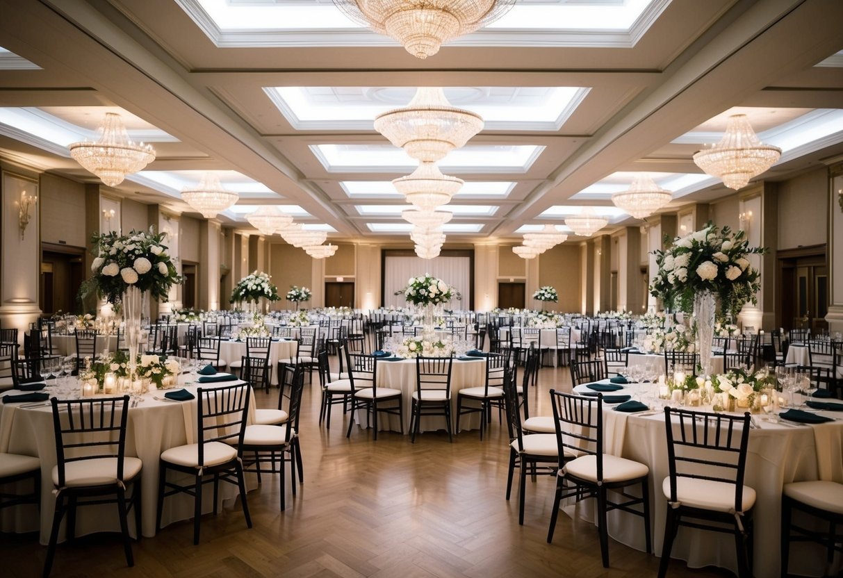 A grand banquet hall filled with elegant tables and chairs set for 300 guests, adorned with floral centerpieces and soft lighting