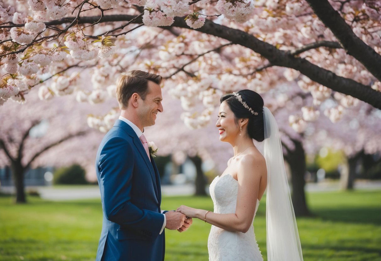 A couple standing under a blooming cherry blossom tree, exchanging wedding vows