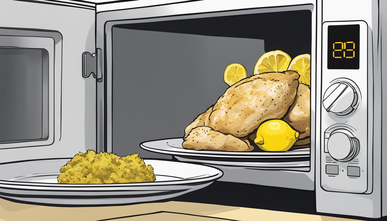 A plate of lemon pepper chicken being placed in the microwave for reheating