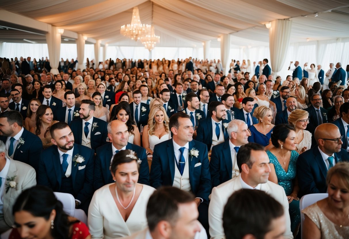 A crowded wedding venue with 300 guests seated in rows
