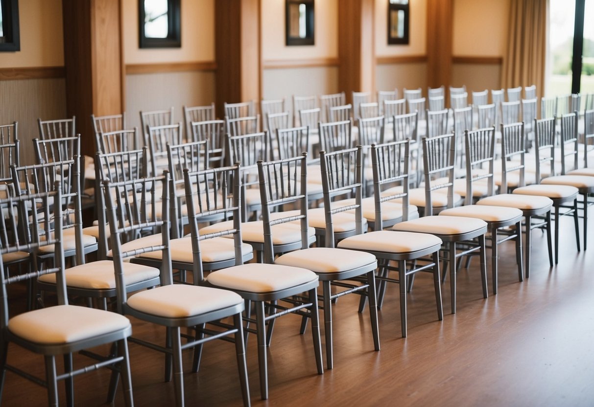 A wedding venue with 300 empty chairs set up in neat rows