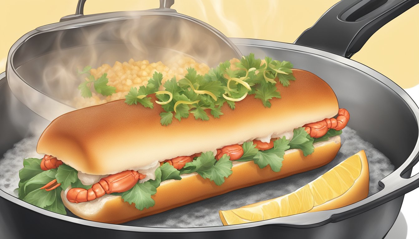 A lobster roll being gently reheated in a buttered skillet, emitting steam and sizzling sounds, with a golden brown crust forming on the outside