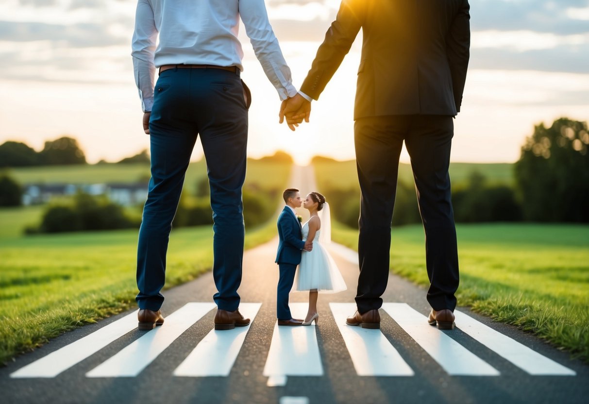 A couple standing at a crossroads, one path leading to challenges and the other to opportunities, symbolizing the decision to marry at 40