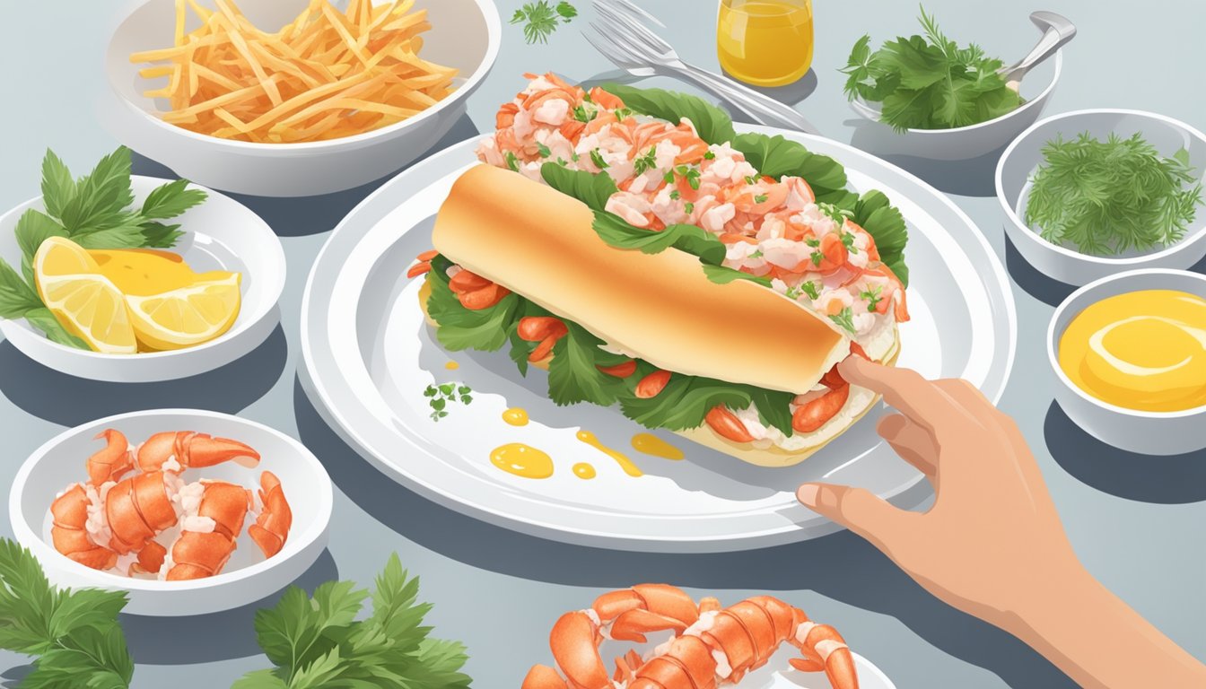 A chef carefully arranges a reheated lobster roll on a white plate, garnishing it with fresh herbs and a drizzle of melted butter