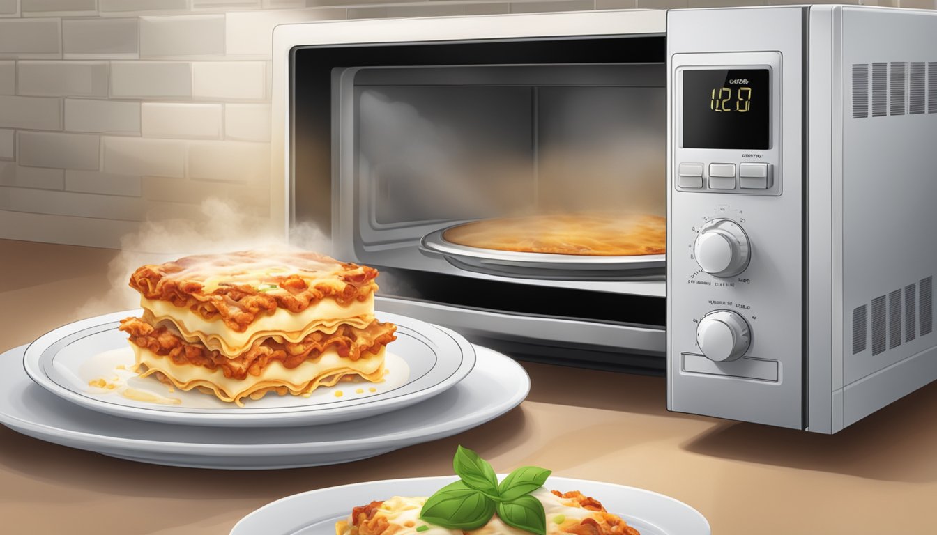 A microwave with a plate of lasagna rolls inside, steam rising from the hot food